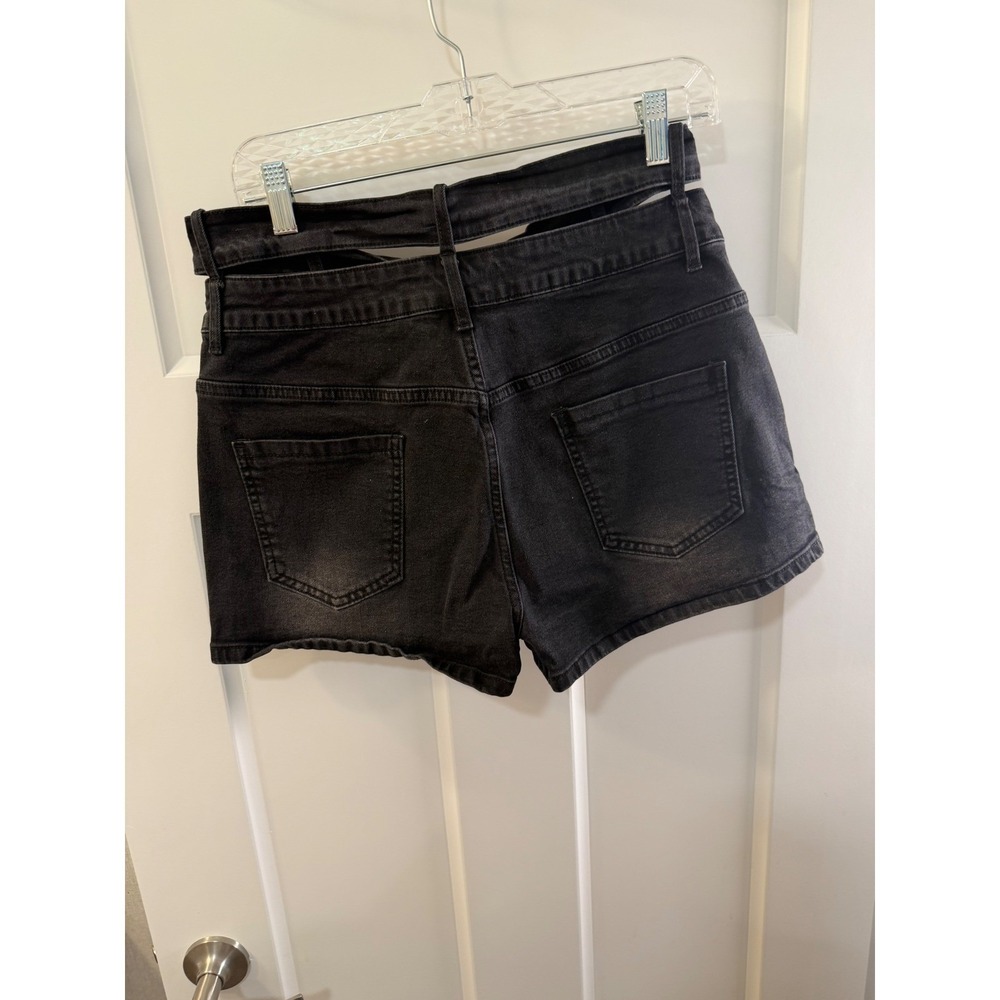 Womens Double Waistband Crossover Denim Shorts Faded Black Size L